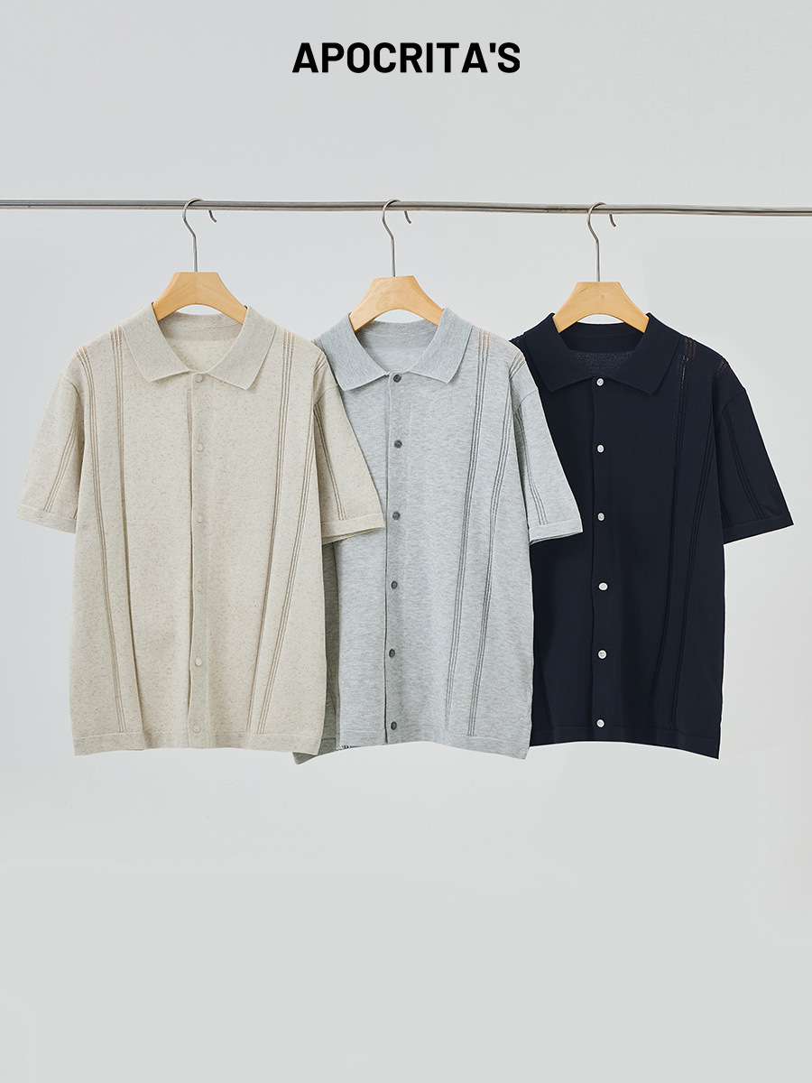 Apo Men's Clothing | Cross-Border Men's Short-Sleeved Knitted Cardigan Summer High-End Loose Casual Lapel Hollow-Out Polo Shirt