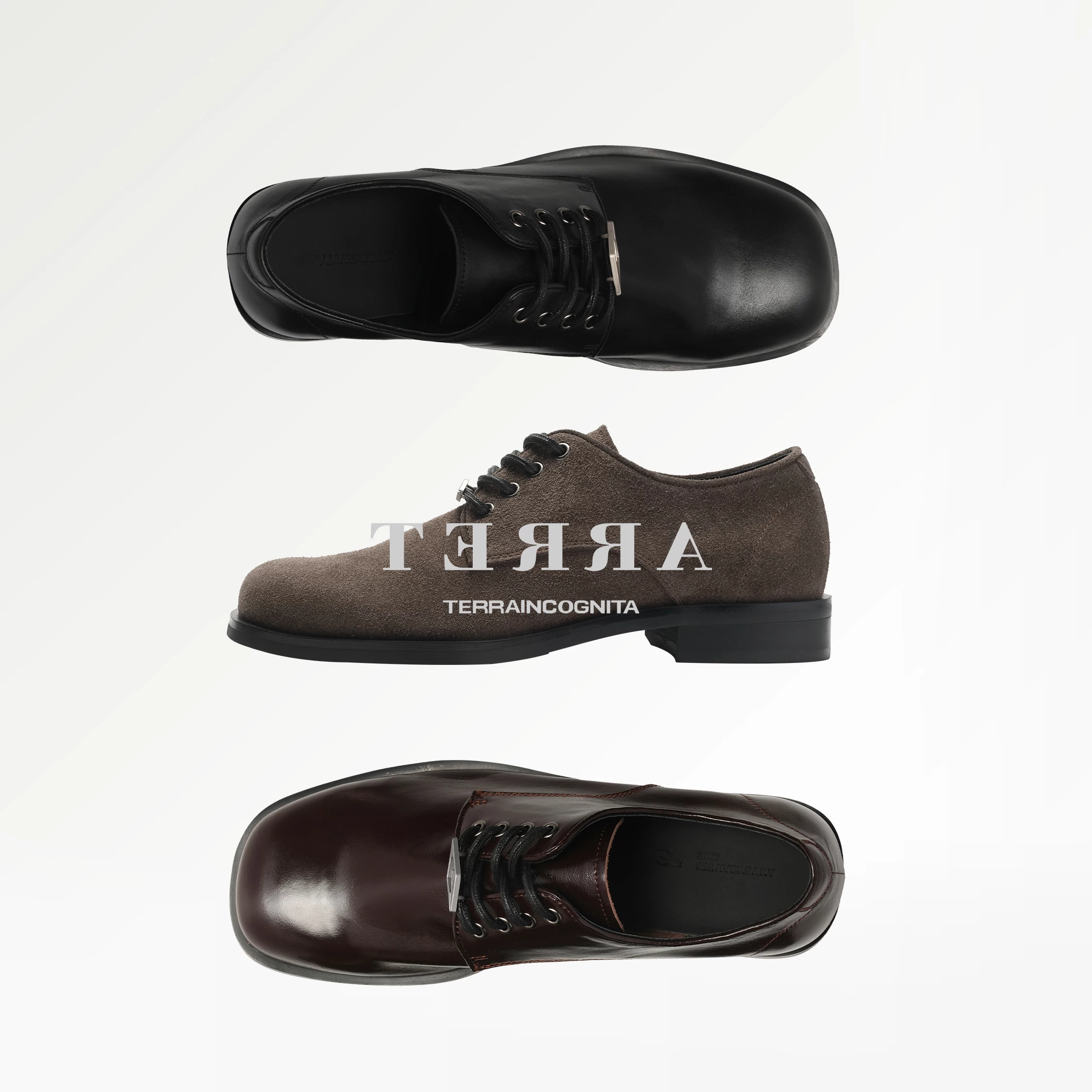 Tri color cowhide square toe lace up derby casual high rise leather shoes versatile for daily commuting TERRAINCOGNITA