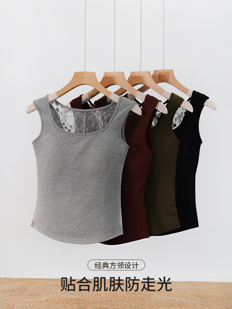 Brushed Fabric Small Square-Neck Lace Tank Top with Lace Back Panel, Built-In Fixed Chest Pads, Integrated Cup, Stretchy Short Style
