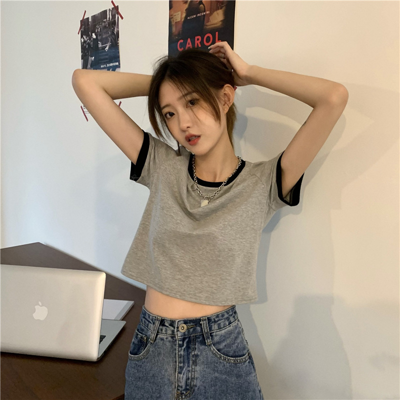 2025 Midriff-Baring Top Summer New Contrasting Color Slimming Look Short Design Discreet Short-Sleeved T-Shirt for Women