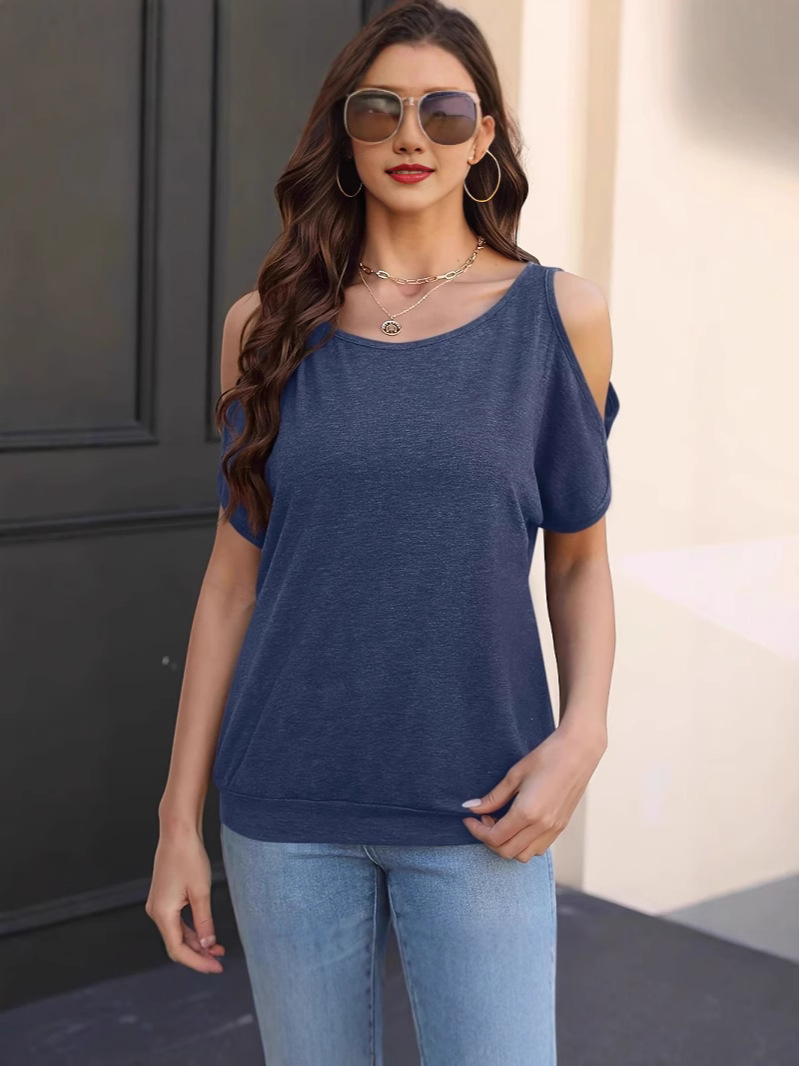2025 Spring and Summer Cross-border Europe and America Amazon New Fashion Casual Leaky Shoulder Raglan Sleeve Solid Color Top T-shirt Women
