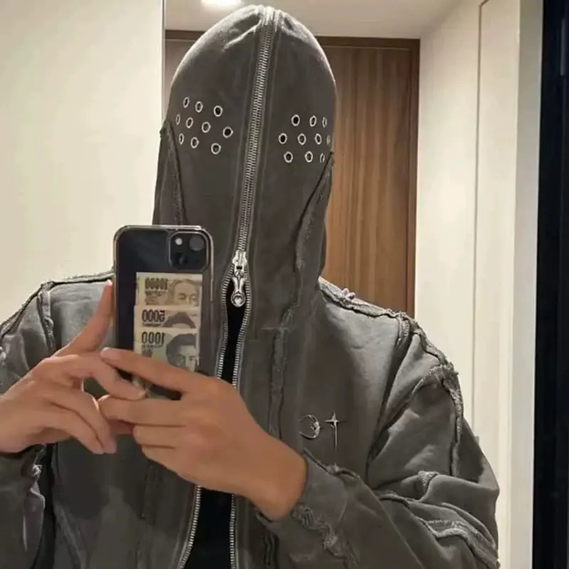 Thug Club Vibe Washed Batik Zipper Shark Face Hoodie Heavy Design Jacket