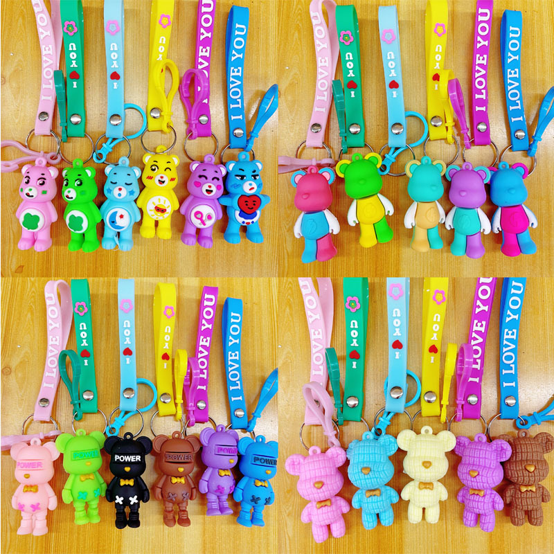 PVC Silicone Rainbow Bear Keychain Cartoon Mixed Doll Pendant Personalized Key Chain Woven Rope Bag Hanging Ornaments