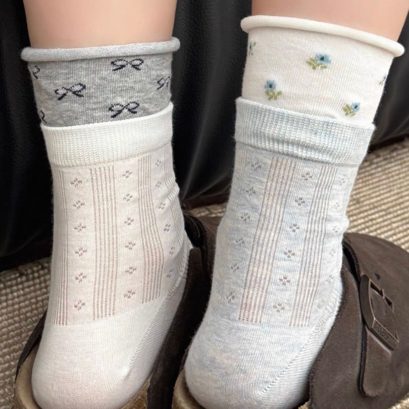 Korean-Style Floral Double-Layered Mid-Tube Socks for Women, Spring and Summer Thin Breathable Bow-Knot Ruffle Socks, Japanese-Style Lace Socks