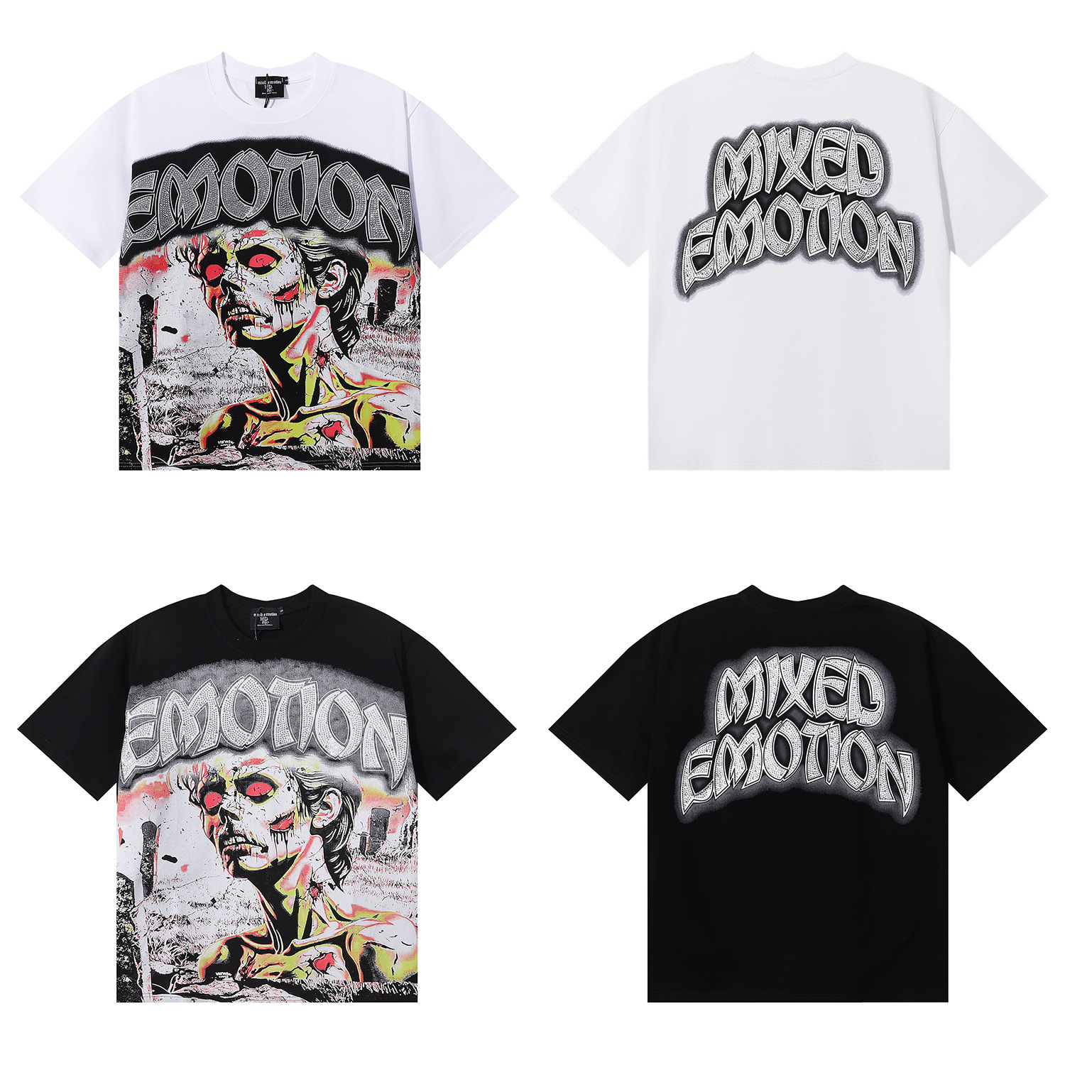 Mixed Emotion Retro Printed Hot Diamond Letters Beautiful Trendy High Street Trendy Casual Hip-Hop Pure Cotton Short-Sleeved T-Shirt