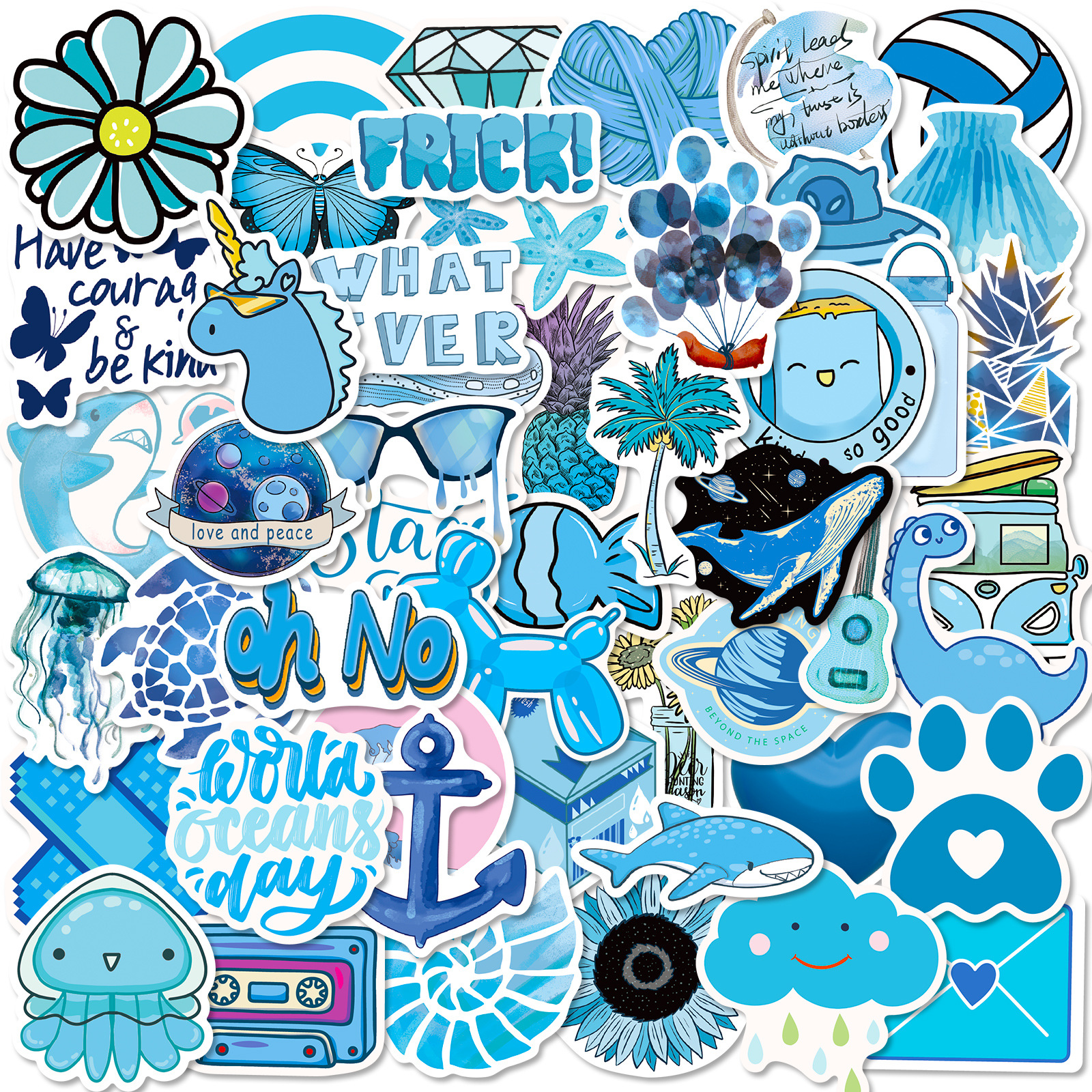 Big Sale of 50 Blue Small Fresh Ins Graffiti Stickers Vsco Blue Ocean Style Small Fresh Thermos Cup Stickers