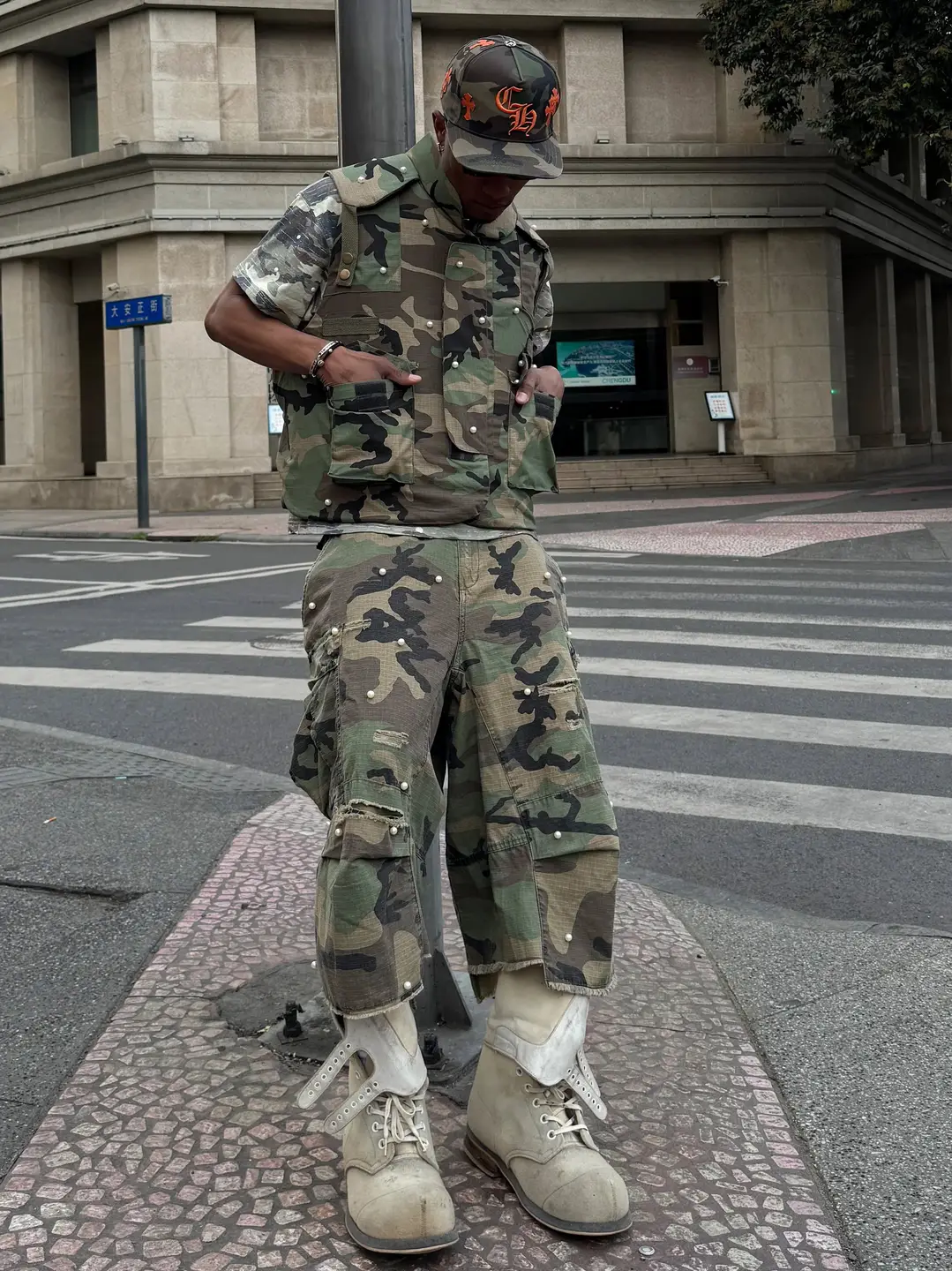 Steepc M65 Improved Baggy Washed Camouflage Ripped Pearl Overalls Pants Casual Cropped Pants Shorts