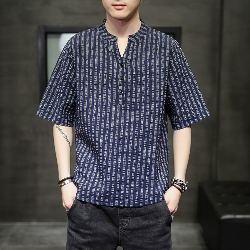 Striped Short-sleeved Men's Chinese-style Linen T-shirt Summer Men's Cotton and Linen Half-sleeved Loose Large Size Men's Ice Silk T-shirt