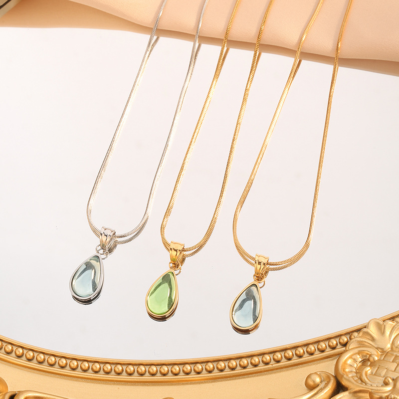 French Style Light Luxury Clear Green Water Drops Blue Marine Titanium Steel Necklace Jewelry Women's Retro Mermaid Tears Clavicle Chain