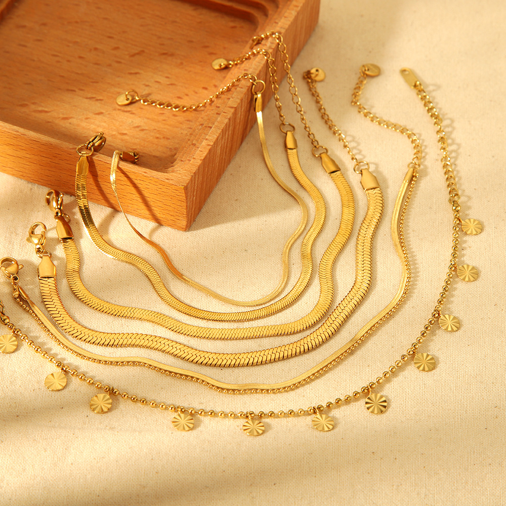 Cross-Border Basic Flat Snake Chain Bead Chain Stainless Steel Anklet 18K Gold Plated Waterproof Foot Jewelry Ins High-End Jewelry for Women