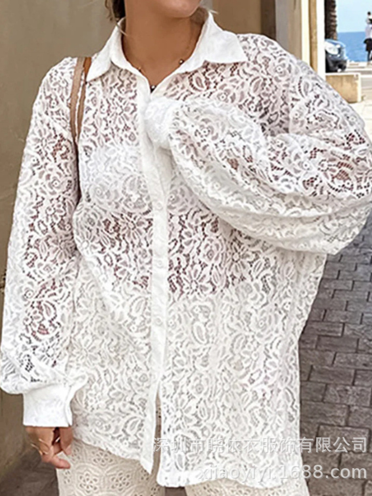 Amazon Cross-border European and American Women's New French Temperament Solid Color Lace Long Sleeve Shirt Women's Loose Hollow Shirt