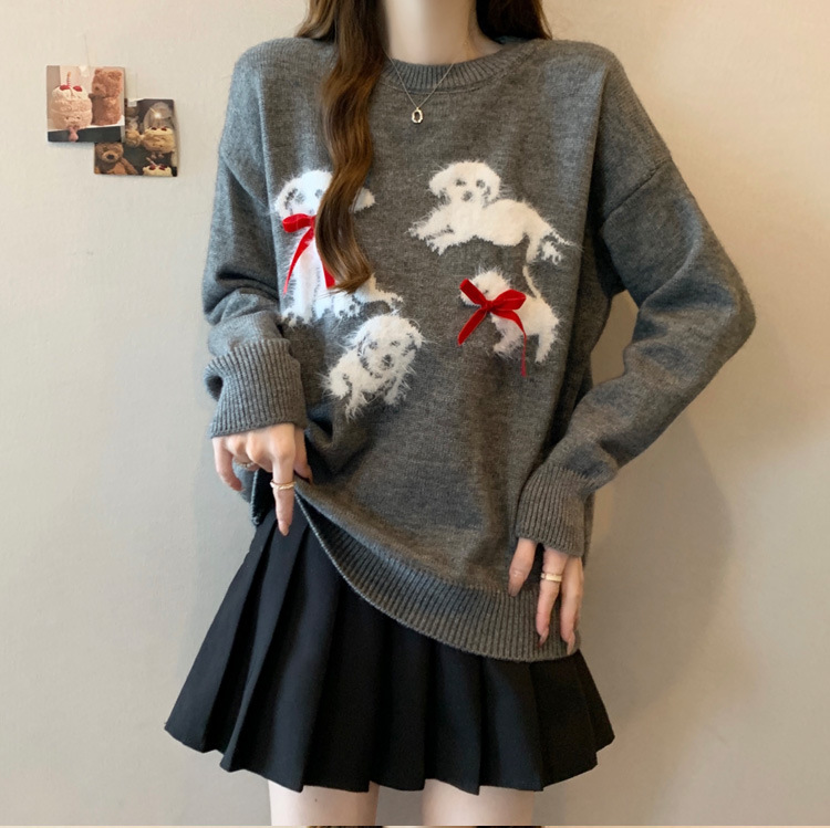 Autumn 2024 New Korean Style Cute Dog Pattern High-grade Three-dimensional Bow Warm Sweater