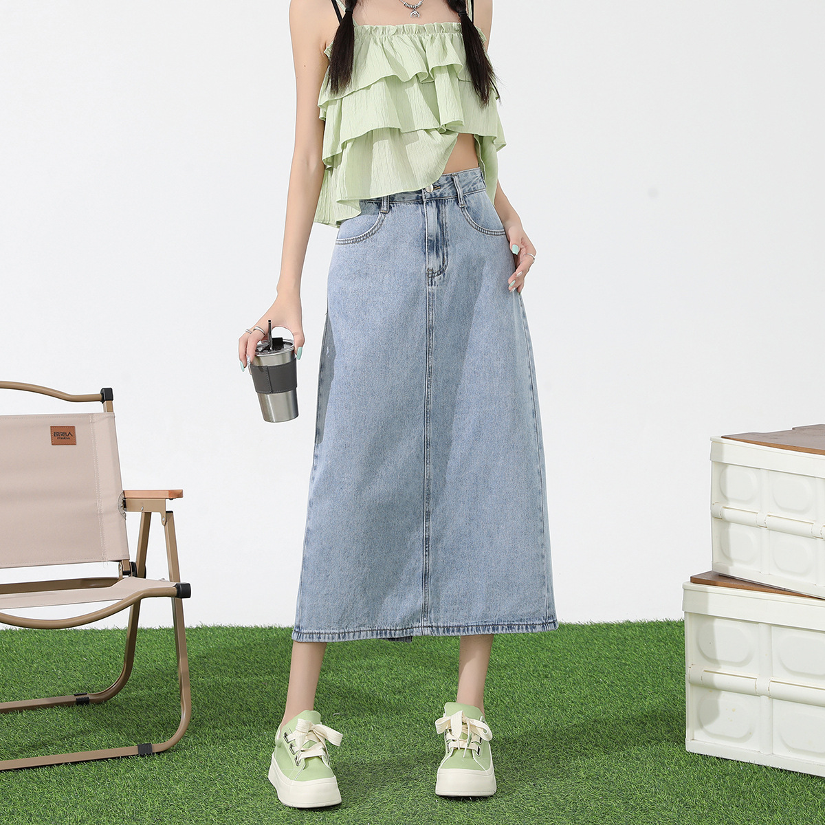 Light Blue A-Line High-Waisted Slimming Denim Skirt for Women 2025 New Style Back Slit Mid-Length Skirt
