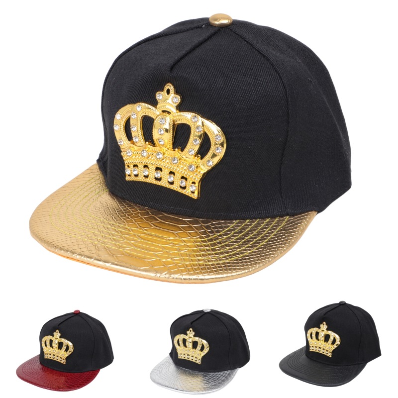Cross-Border New Crown Metal Logo Hip-Hop Hat European and American Pu Leather Splicing Flat Brim Hat Hip-Hop Hat Sunshade Baseball Cap for Men