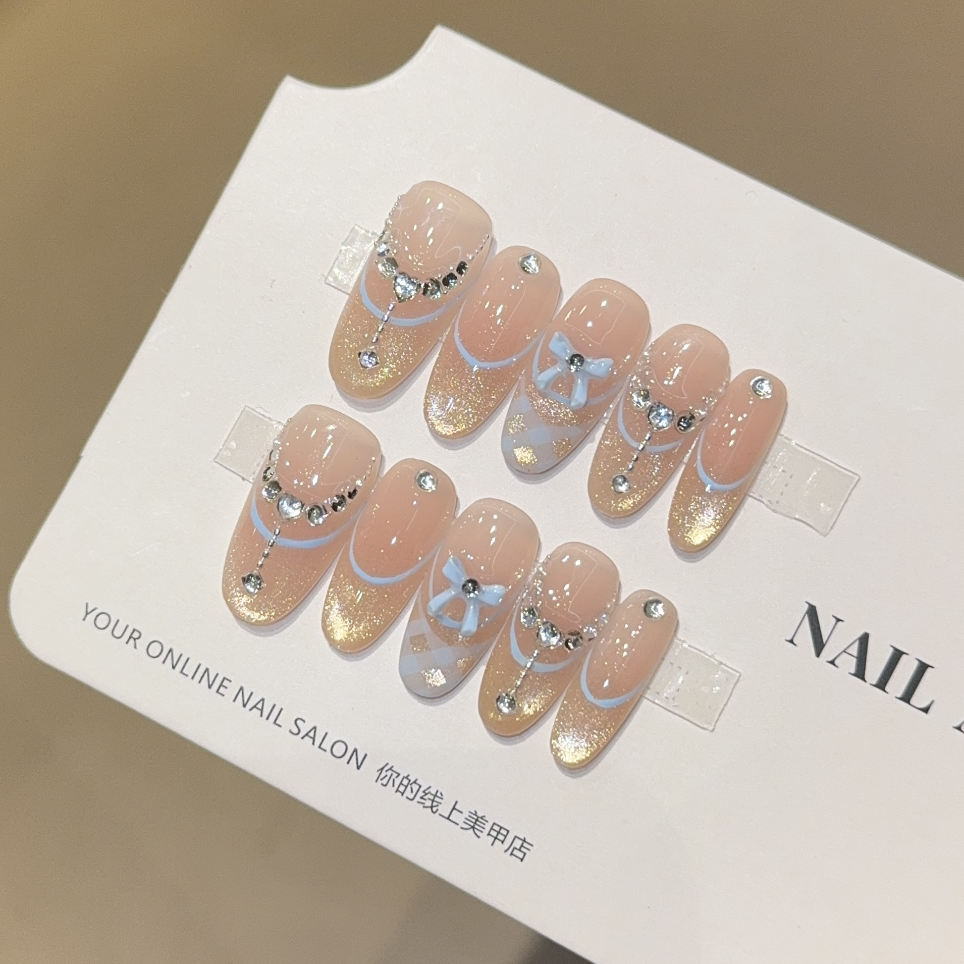 Qianfan【Blue Heart Diary】Ins-Style Summer Cat-Eye Premium Handmade Wearable Nail Art Stickers Fake Nails