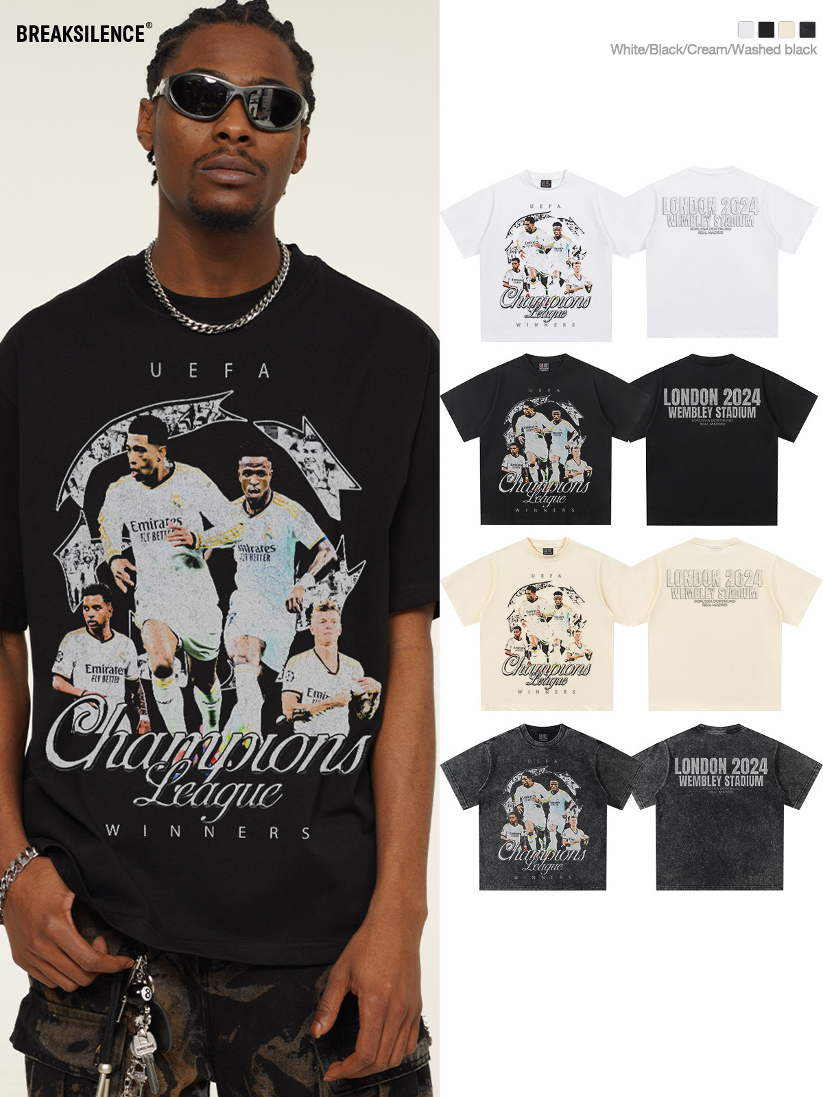 Cross-border 2025 UEFA Champions League Short-sleeved T-shirt American-style Retro Heavy-weight Pure Cotton Washed Old Small Collar Trendy for Men and Women