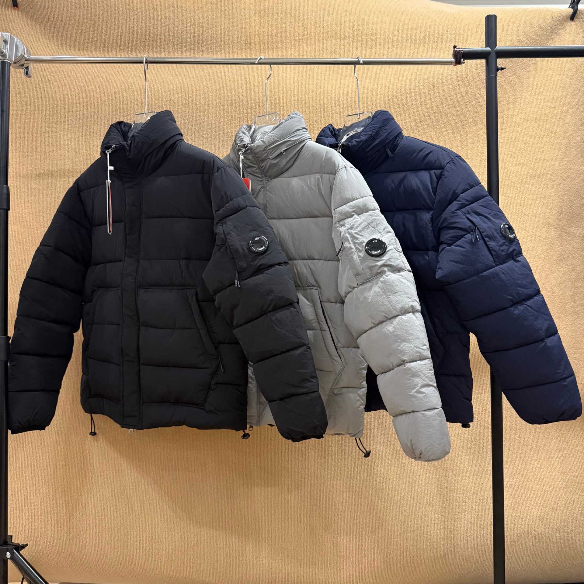 Cp Cross-Border Company Lens Pocket Puffer Jacket, Capless Stand Collar Cotton Coat, Splash-Resistant Lightweight Loose Straight Jacket