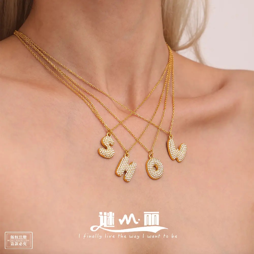 Enigma 5A zircon flashing 26 English letter necklace personality hip hop stainless steel 18K real gold cross-border jewelry