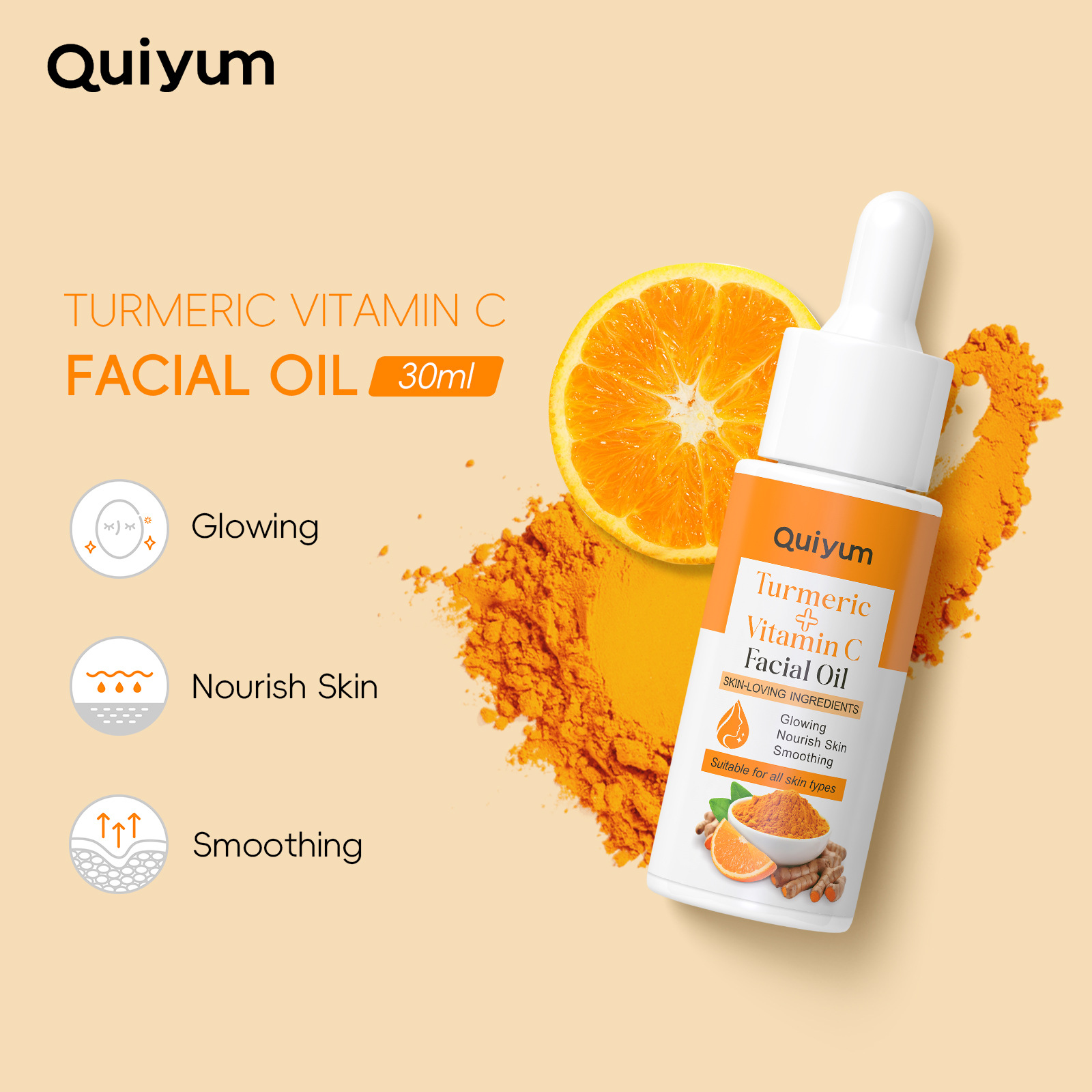 Quiyum Cross-Border New Product Turmeric Vitamin C Facial Essence Oil 30ml Hydrating Moisturizing Fda Skin Care Products Export