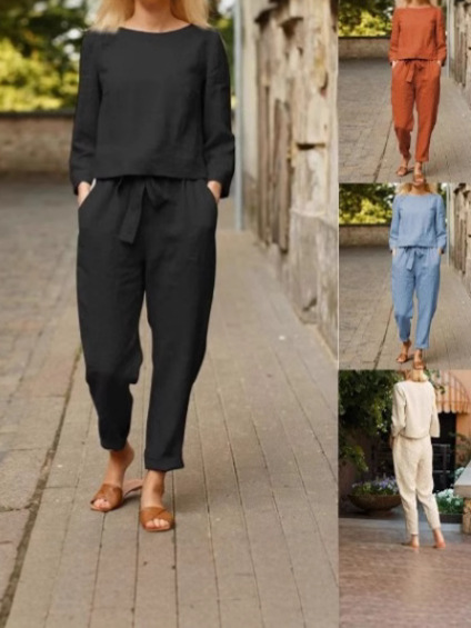 Linen suit Women's Fashion Solid Color Casual Two-piece Foreign Trade Spring and Summer Simple Retro Stretch Waist Lace