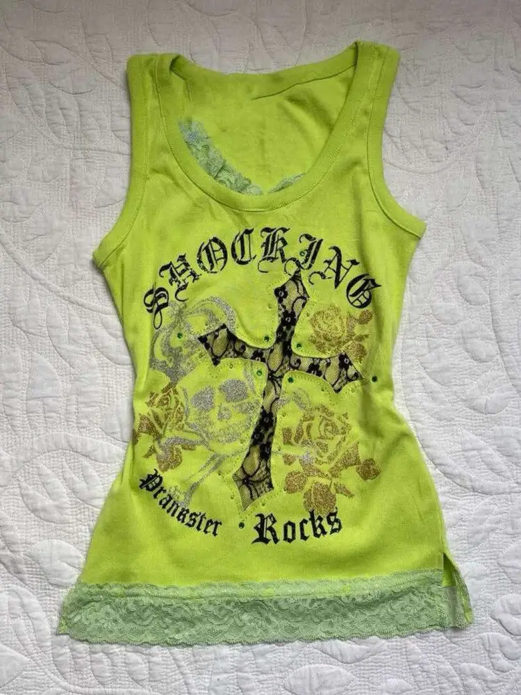 American vintage vintage vintage with green cross print, lace and lace vest, camisole, women's summer top