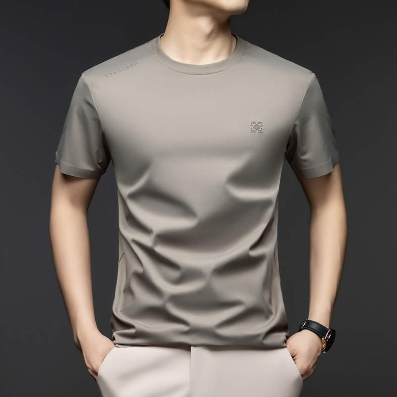 Mulberry Silk Elastic and Smooth Short-Sleeved T-Shirt for Men Summer Ice Silk Thin Seamless Elastic High-End Round Neck T-Shirt for Men