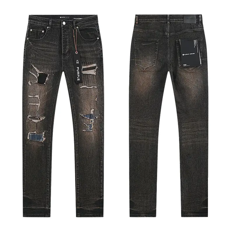 Cross-Border Export Wholesale Spring and Summer New Purple Splash-Ink Ripped American High Street Jeans for Men and Women