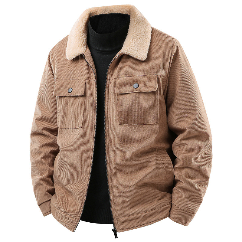 Fleece-Lined Thick Corduroy Jacket for Men, Autumn and Winter, Turn-Down Collar, Lamb Wool Workwear, Multi-Pocket Jacket, Cross-Border Cotton Coat, Trendy Foto QC de 1688 na Qualit.ly