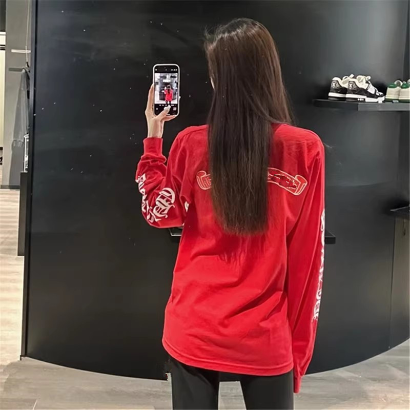Spring and Autumn New Korean Style Sanskrit Scroll Print Long Sleeve T-Shirt Unisex Red Loose Couple Design Trendy Top Foto QC de TAOBAO na Qualit.ly
