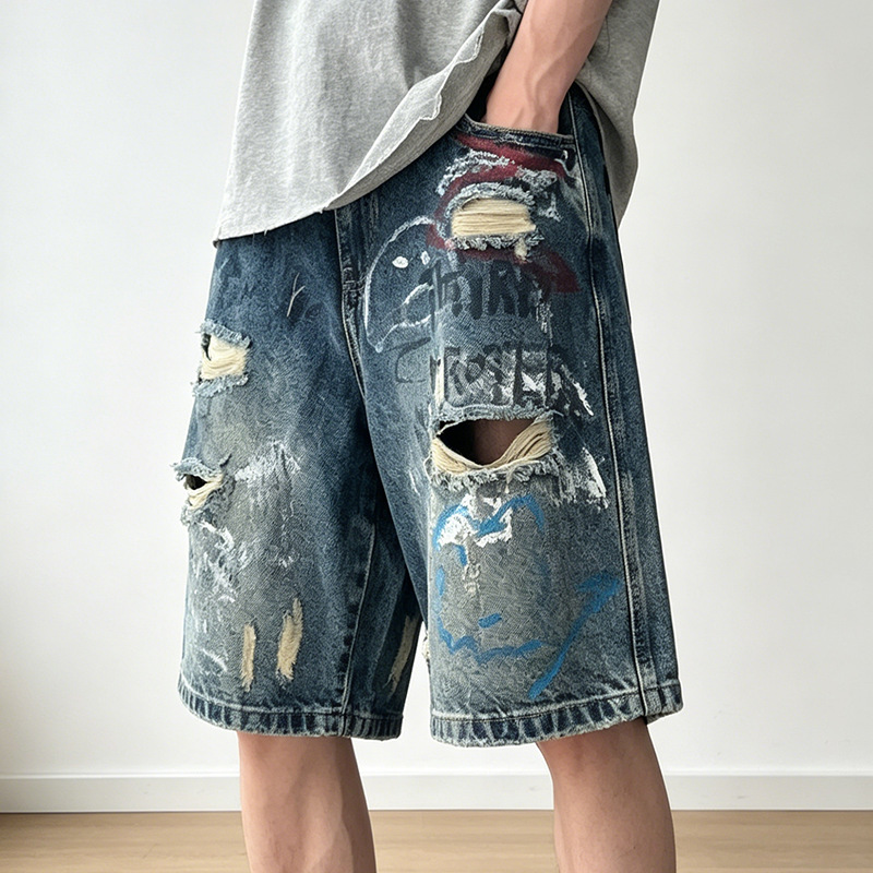 Niche High Street Graffiti Ripped Distressed Denim Shorts for Men, Trendy Vibe Loose Wide-Leg Five-Point Pants, Cool Mid-Length Shorts