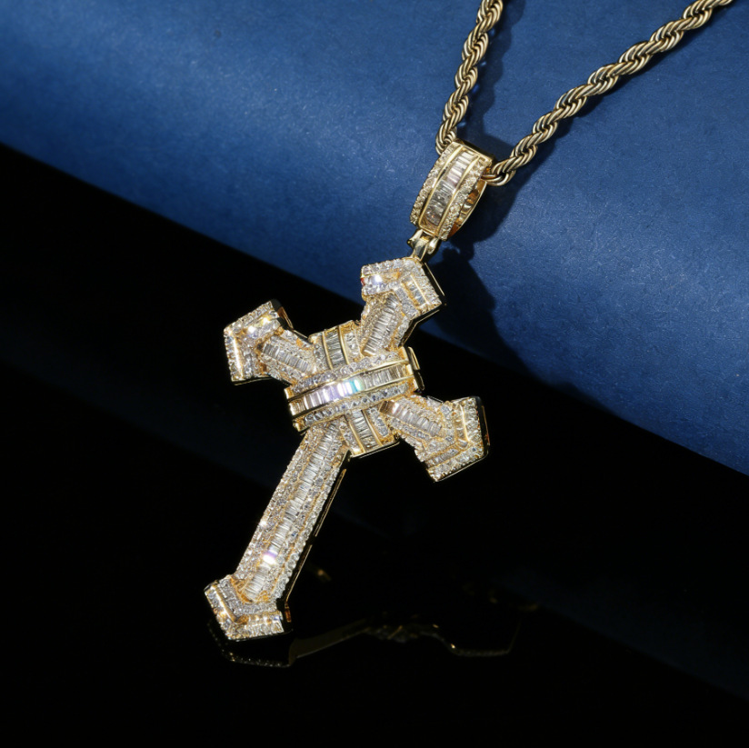 Popular American-Style Trendy Copper Zircon Full Diamond Cross Twist Chain Personalized Men's Necklace Hip-Hop Jewelry Wholesale