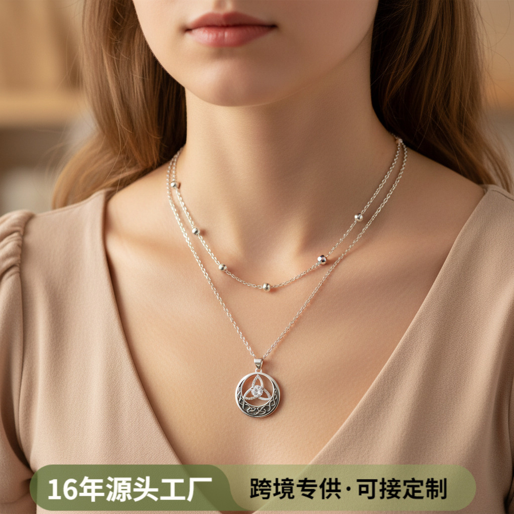 Knn-413D Star and Moon Clover Celtic Knot Double Layer Necklace Xiyin Tk Clavicle Chain Double Layer Clover
