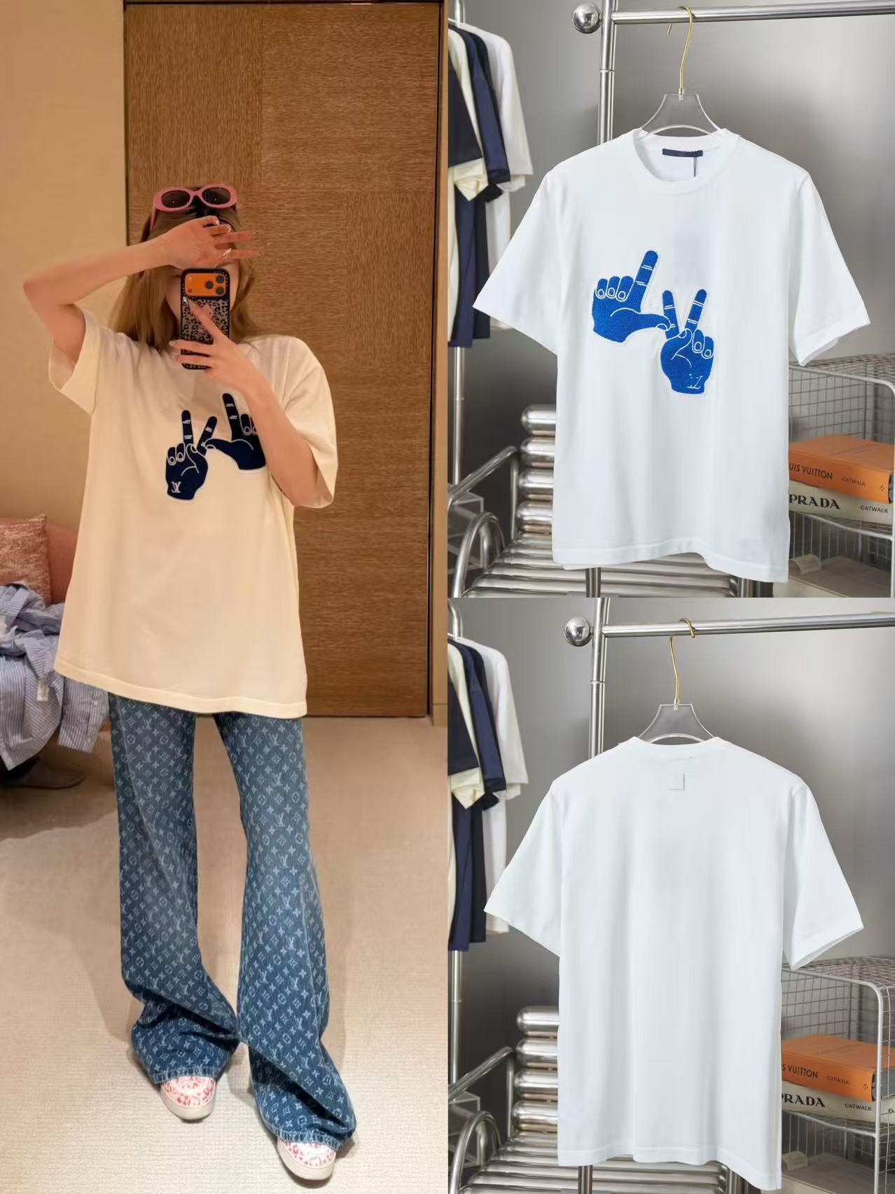 High-Quality Cross-Border Lv Summer Style Finger Letter Embroidery Pattern Knit Fashion Unisex Short-Sleeve T-Shirt QC-foto från 1688 på Qualit.ly