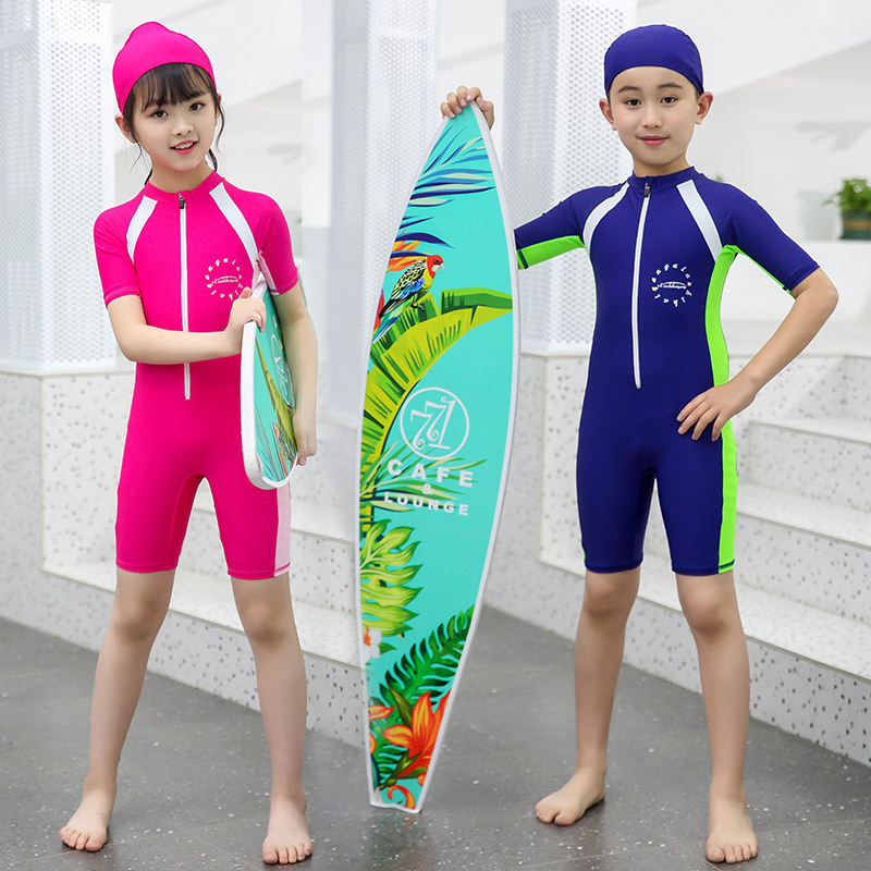 New Swimwear Boys' and Girls' Siomatic Small and Medium-sized Children's Short-sleeved Beach Sunscreen Flat Horned Boys' Baby Training Swimsuit