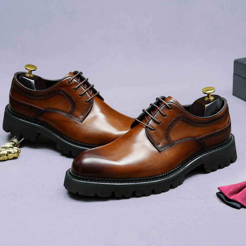 Foreign Trade Handmade Cowhide Leather Shoes Men's Cowhide Leather Lightweight Breathable Business Dress Derby High-end British Wedding Shoes