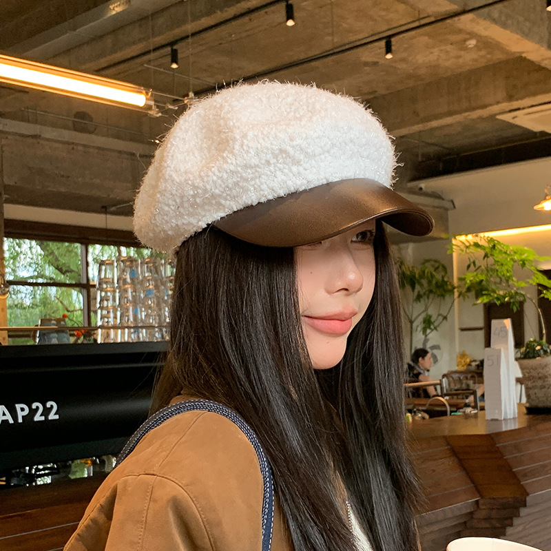 Korean Style PU Leather Brim Beret Autumn and Winter Women's Fashionable Octagonal Hat Plush Bright Silk Vintage Duck Tongue Newsboy Hat
