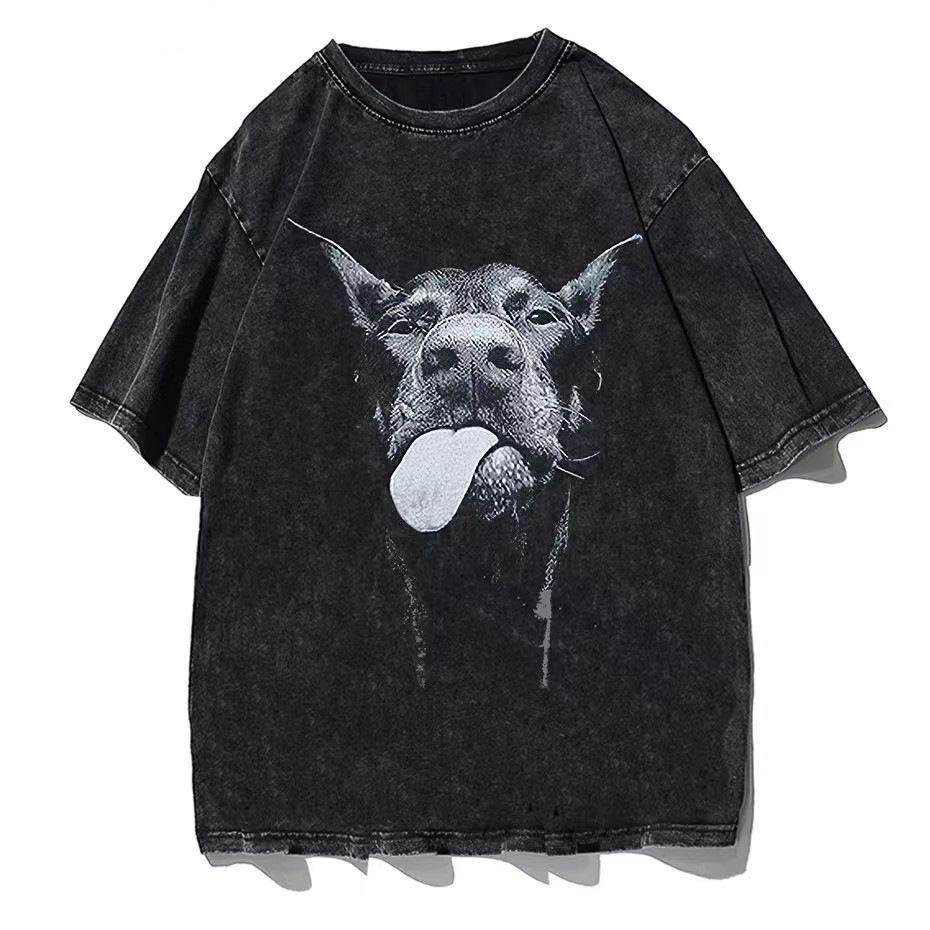 Washed Vintage T-Shirt with Custom Logo, Cross-Border American Street Style Retro Short-Sleeve Doberman Print Men's Plus Size T-Shirt