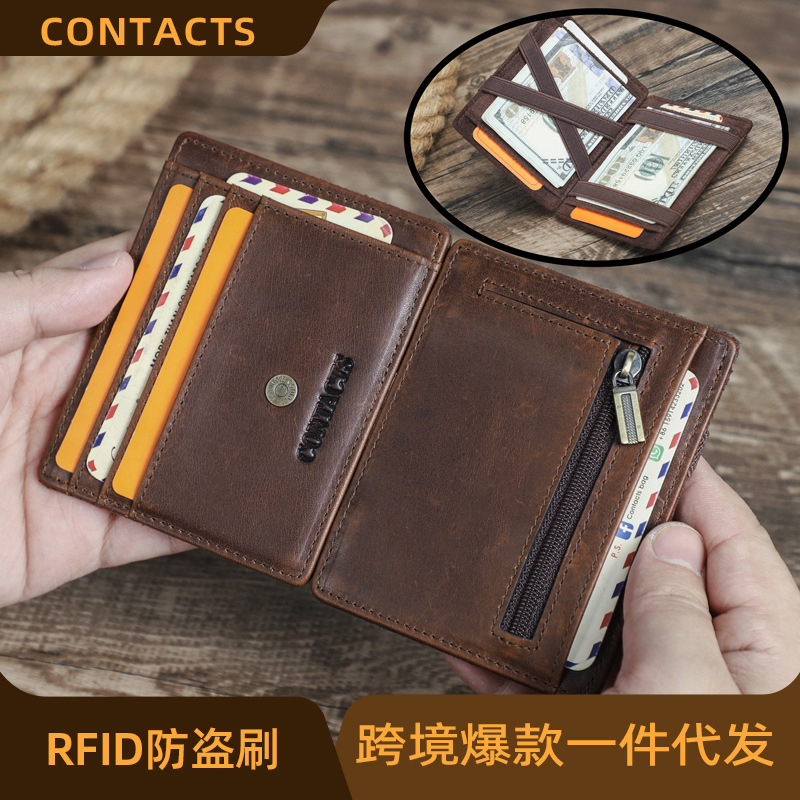 Black Angel RFID anti-theft brush casual Multi-Function Card Holder first layer cowhide fashion genuine leather Magic small card holder