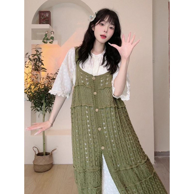 Spring, Autumn and Summer New Color Hollow Knitted Cardigan Dress, Loose and Casual, Can Be Worn in Front and Back with Suspender Skirt