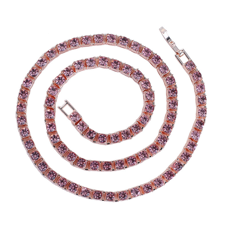 European and American Hip-Hop Necklace for Men and Women, Alloy with a Row of Diamonds, Rose Gold Pink Diamond Tennis Chain, Light Luxury, Simple and Versatile Chain Pendant