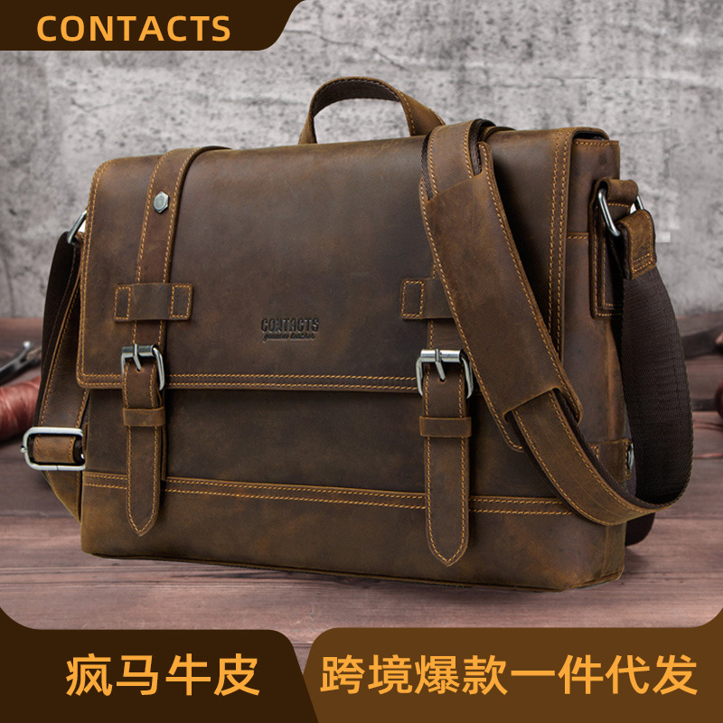 Black Angel Retro Crazy Horse Cowhide Men's Portable Business Briefcase Large Capacity Men's Crossbody Bag Cross-Border Dropshipping