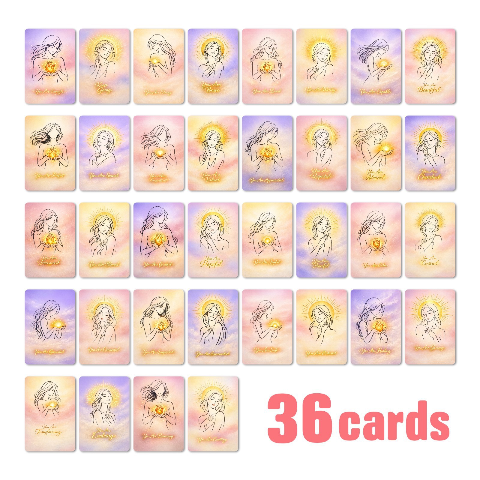 Pink and Purple Gradient Female Power Couple Cards, 36 Cards, Cross-Border Healing Self-Affirmation Prompt Cards, Psychological Motivational Cards