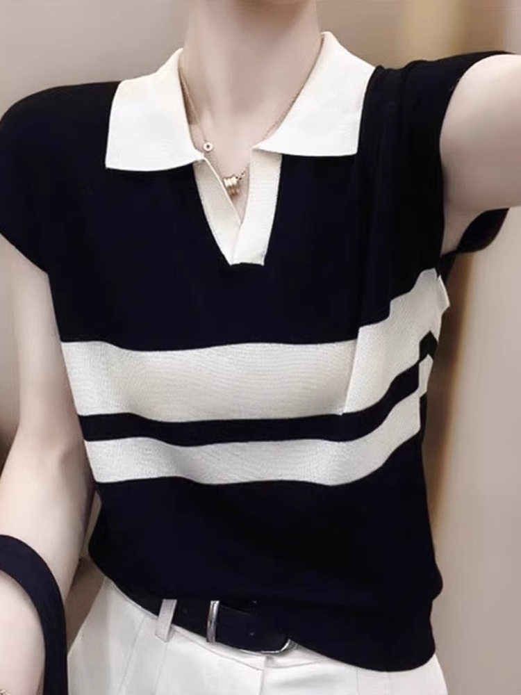 Black and White Striped Polo Collar Short-Sleeve T-Shirt for Women, Summer Thin Style, Color-Blocked Ice Silk Knit Top for Women
