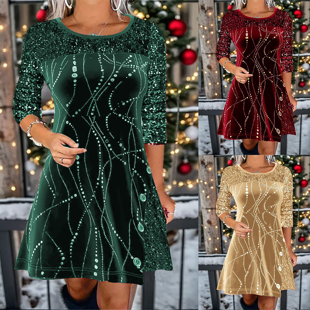Cross-border Amazon independent station autumn and winter New European and American solid color round neck long sleeve sequin stitching A- line dress women