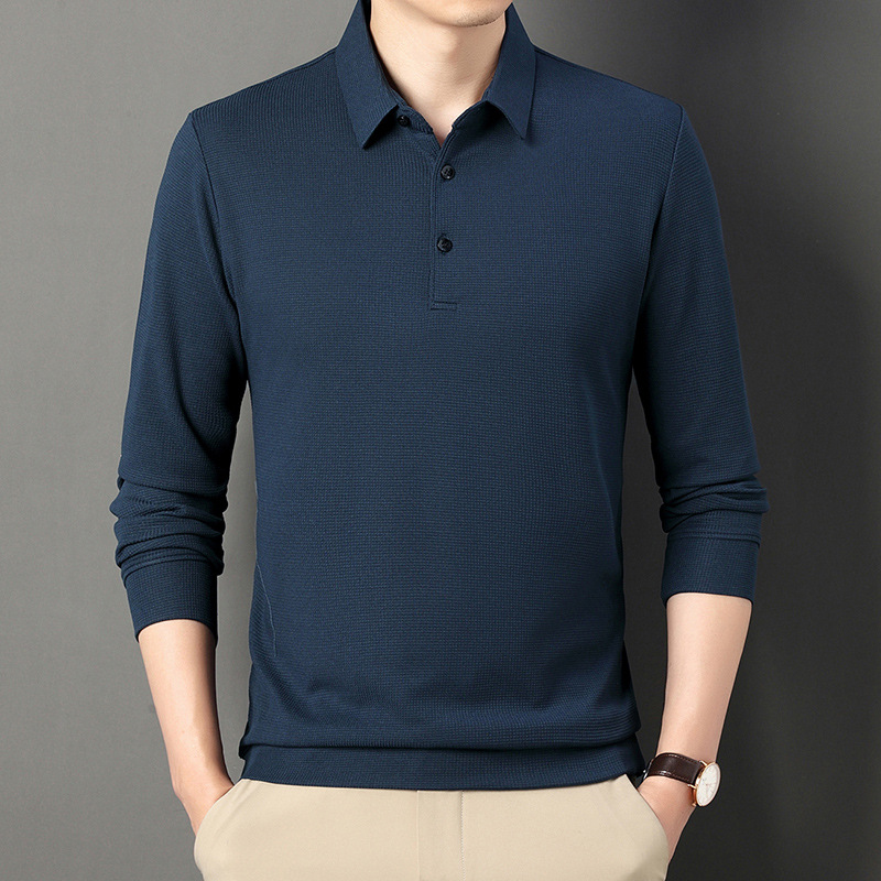 Spring and Autumn Men's Long-sleeved New Solid Color T-shirt Fashionable Casual Loose Outer Wear Waffled Polo Shirt