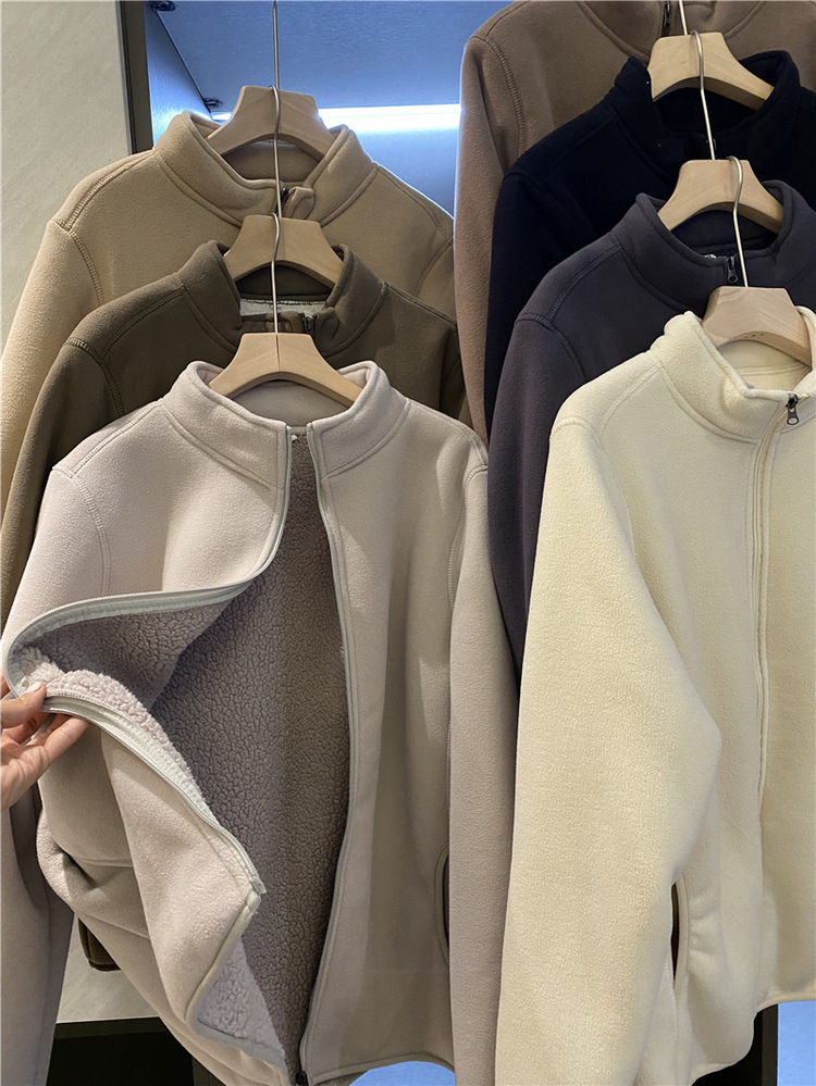 Fitting Room Warm Double-Layer Composite Fleece Lamb Wool Thickened Stand Collar Fleece Couple's Jacket for Men and Women