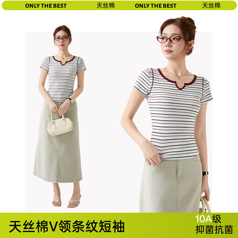 Spring and Summer Lyocell Tencel Cotton Striped Short-Sleeve T-Shirt for Women, Cool and Antibacterial, Slim Fit, V-Neck, Color-Blocking Top for Women