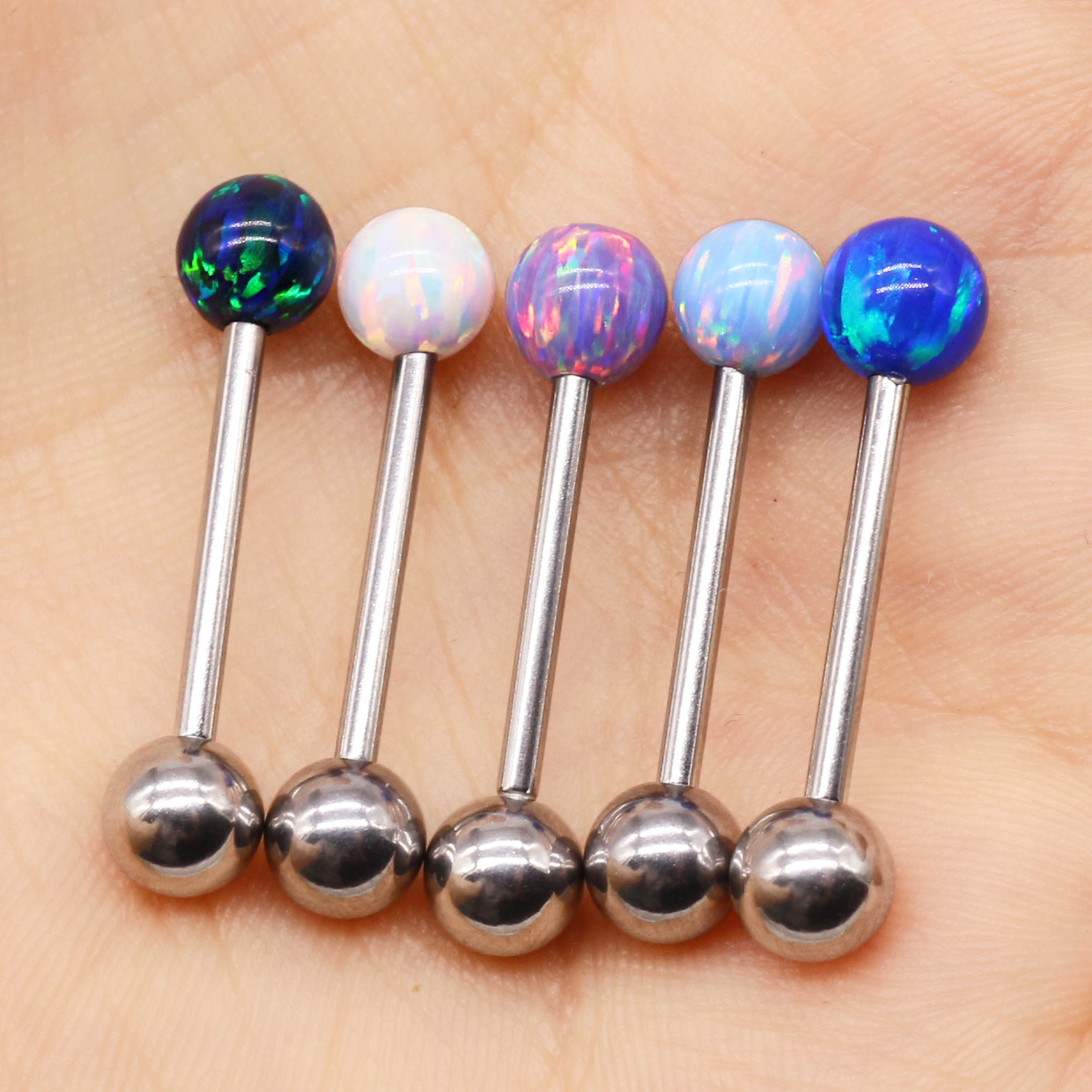 Cap Ratio tongue nail European and American puncture opal tongue ring opal tongue nail titanium steel tongue ring puncture jewelry manufacturer in stock