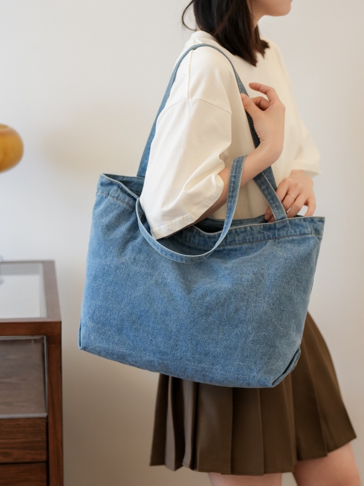 New Large Capacity Solid Color Washed Denim Bag Student Commuter All-match Shoulder Bag Women's Artistic Casual Handbag