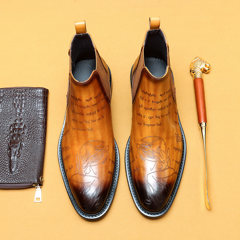 2025 New Men's Genuine Leather Brogue Carved Business High-Top Leather Shoes British Style Winter Fleece-Lined Chelsea Boots